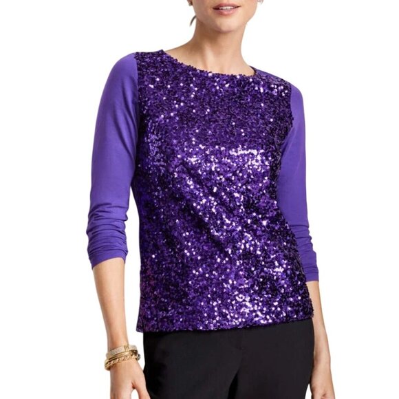 Talbots NWT Sequin Front Crewneck Tee Purple Pima Cotton Party Holiday Size Lp - Picture 1 of 8